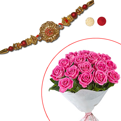 "Fancy Rakhi - FR- 8310 A(Single Rakhi), 12 pink roses flower bunch - Click here to View more details about this Product